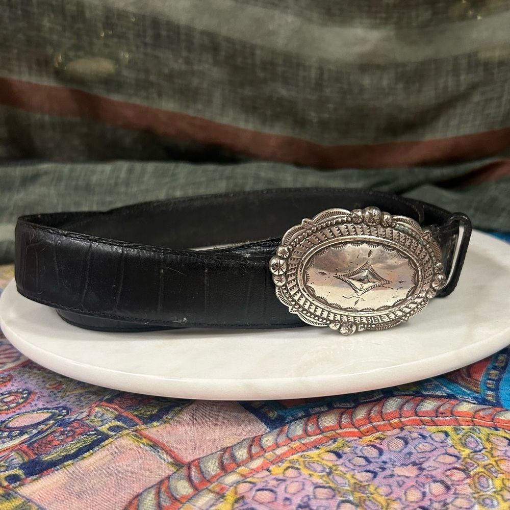 Sterling silver belt buckle on leather 3X length belt. Vintage!